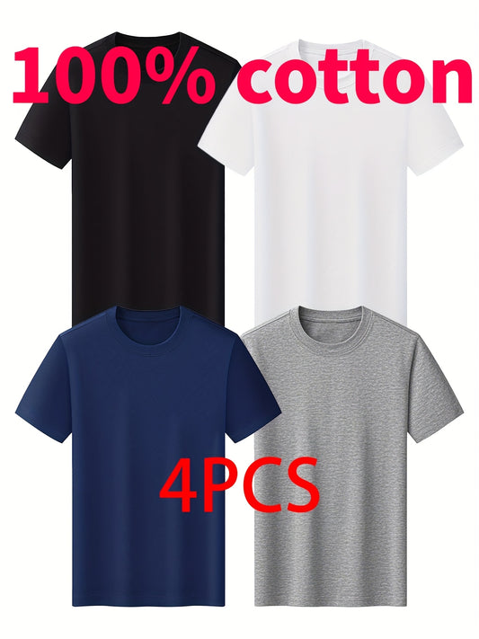 4pcs Men's Lightweight 100% Cotton T-Shirts - Solid Color Round Neck Casual Tees for Summer Sports & Casual Attire, Breathable All-Season Machine Washable Regular Fit Tops