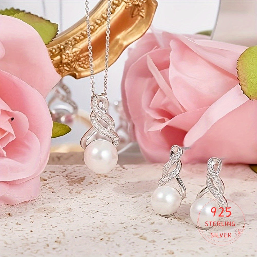 S925 Sterling Silvery Necklace and Earrings Set | Set with Synthetic Zirconia and Non-Allergenic Genuine Freshwater Pearl Jewelry, Equipped with a 18-Inch Silvery Chain | Women'S Bridal Groomsmen Set