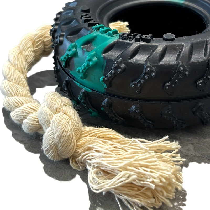 1pc Heavy-Duty Chew Proof Dog Chew Toy - Non-Toxic Rubber Tire with Rope Inside, for Aggressive Chewers - Interactive Chew Toy for Large Breeds, Tug-of-War, Fetch, and Solo Play - Durable Chewable Puppy Teething Gift for Dogs
