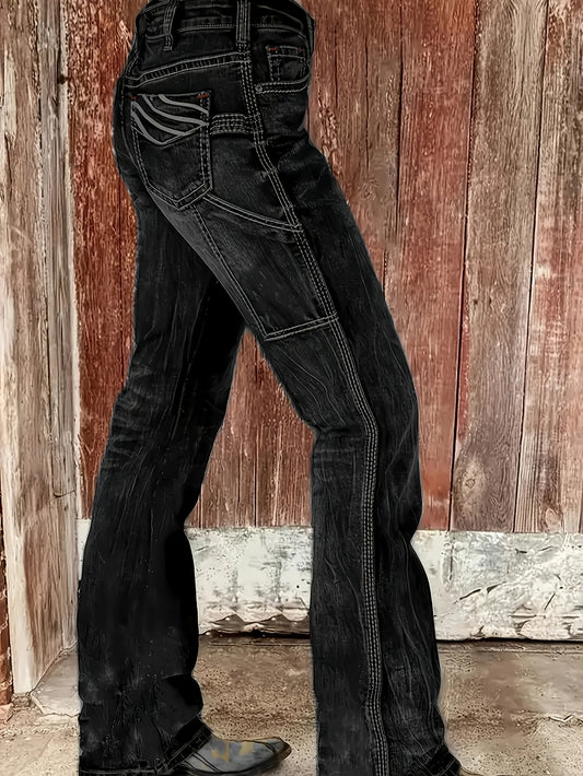 Women'S Blue High-Waisted Flare Jeans, Embroidered Stretch Denim With Floral Design