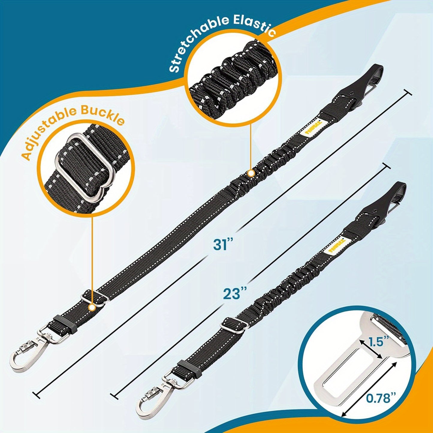 2 Adjustable Dog Seat Belts for Cars - Elastic Bungee Harness with Easy Clip, Durable Car Leash for Medium to Large Dogs, Black & Orange Design, Secure Dog Restraint System, Dog Seat Belt, Medium Large Dog, Sturdy Metal Buckl