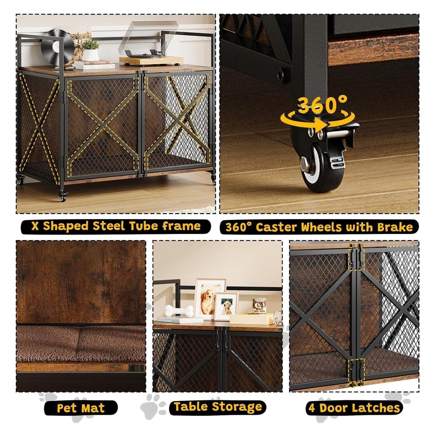 41" Heavy Duty Decorative Dog Cage | Lockable 360° Wheels, Double Door, Rustic Brown, Iron Material, Suitable for Small, Medium, Large Dogs