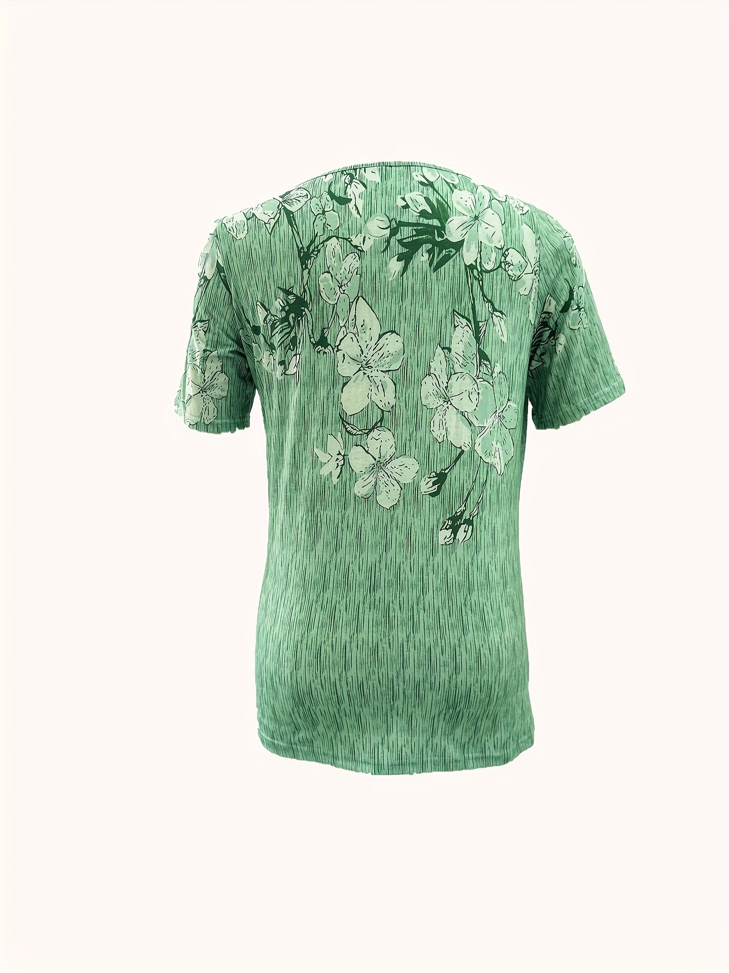 Women's Stretchy Polyester Button-Front V-Neck Blouse - Floral Print Short Sleeve Casual Shirt, Machine Washable Summer Top for Layering & All-Season Wear, Versatile Shirt, Relaxed Fit, Lightweight Fabric, Trendy Style