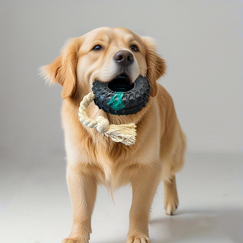 1pc Heavy-Duty Chew Proof Dog Chew Toy - Non-Toxic Rubber Tire with Rope Inside, for Aggressive Chewers - Interactive Chew Toy for Large Breeds, Tug-of-War, Fetch, and Solo Play - Durable Chewable Puppy Teething Gift for Dogs