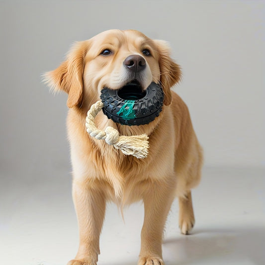 1pc Heavy-Duty Chew Proof Dog Chew Toy - Non-Toxic Rubber Tire with Rope Inside, for Aggressive Chewers - Interactive Chew Toy for Large Breeds, Tug-of-War, Fetch, and Solo Play - Durable Chewable Puppy Teething Gift for Dogs