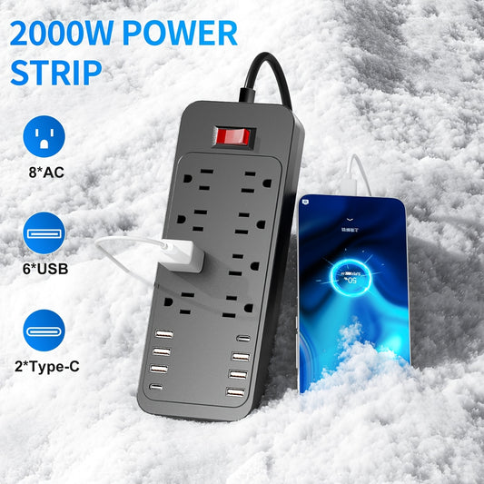Ultra Slim Braided Power Strip With 8 AC Outlets 8 USB Ports Surge Protected For Cruise Ships And Dorms