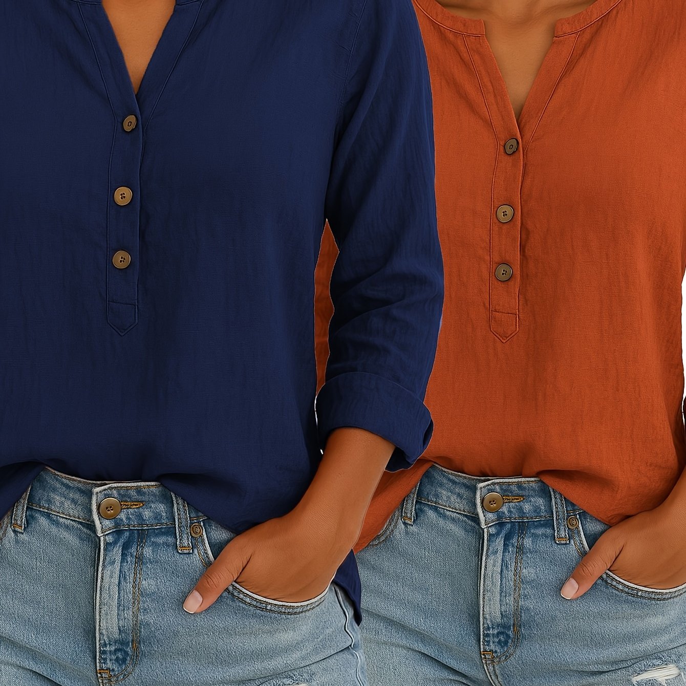 2/3pcs Ladies Elegant Linen Blend Short Sleeve V-Neck Shirt Four Seasons Can Wear