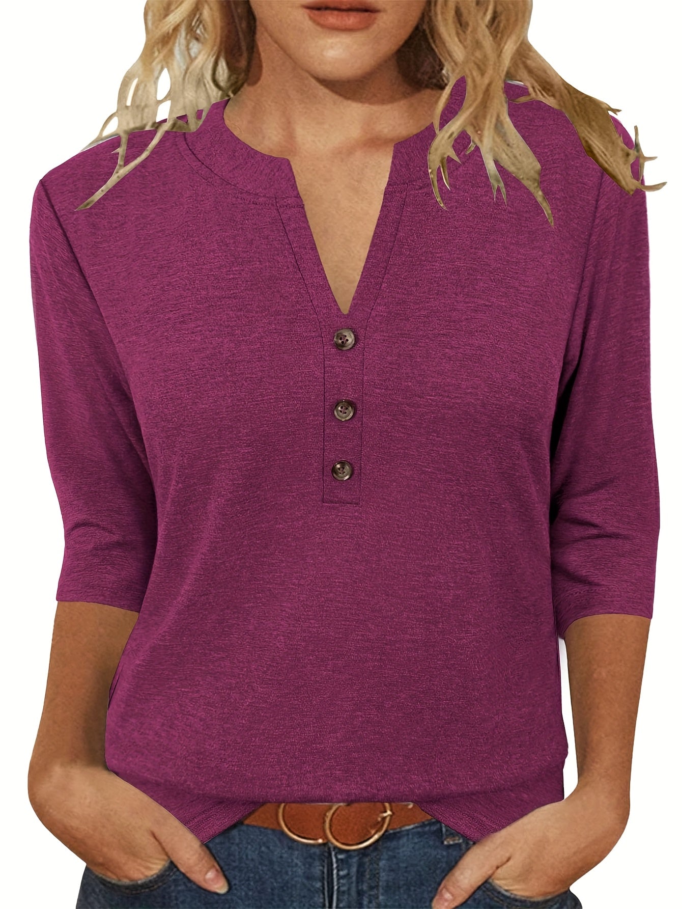 3/4 Sleeve • Casual Fashion • Women's Spring/Summer Three-Piece V-Neck Button-Blouse Quarter Sleeve T-Shirt