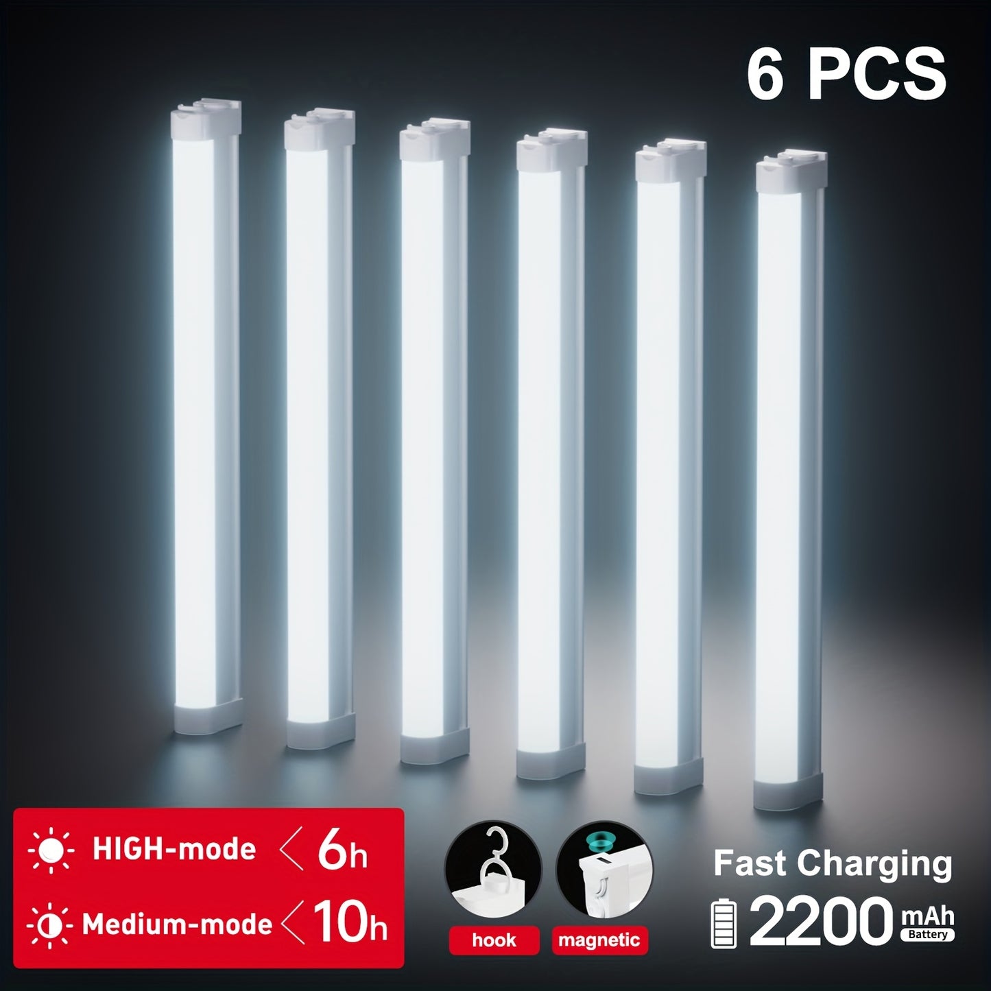 6-Pack 2025 Rechargeable Emergency Lamps | Long-lasting with USB Charging, Magnetic & Hook Features, Ideal for Automotive Repair, Garage Lighting, Inspection & Maintenance, Portable Illumination, Warning Flash, Camping, Night