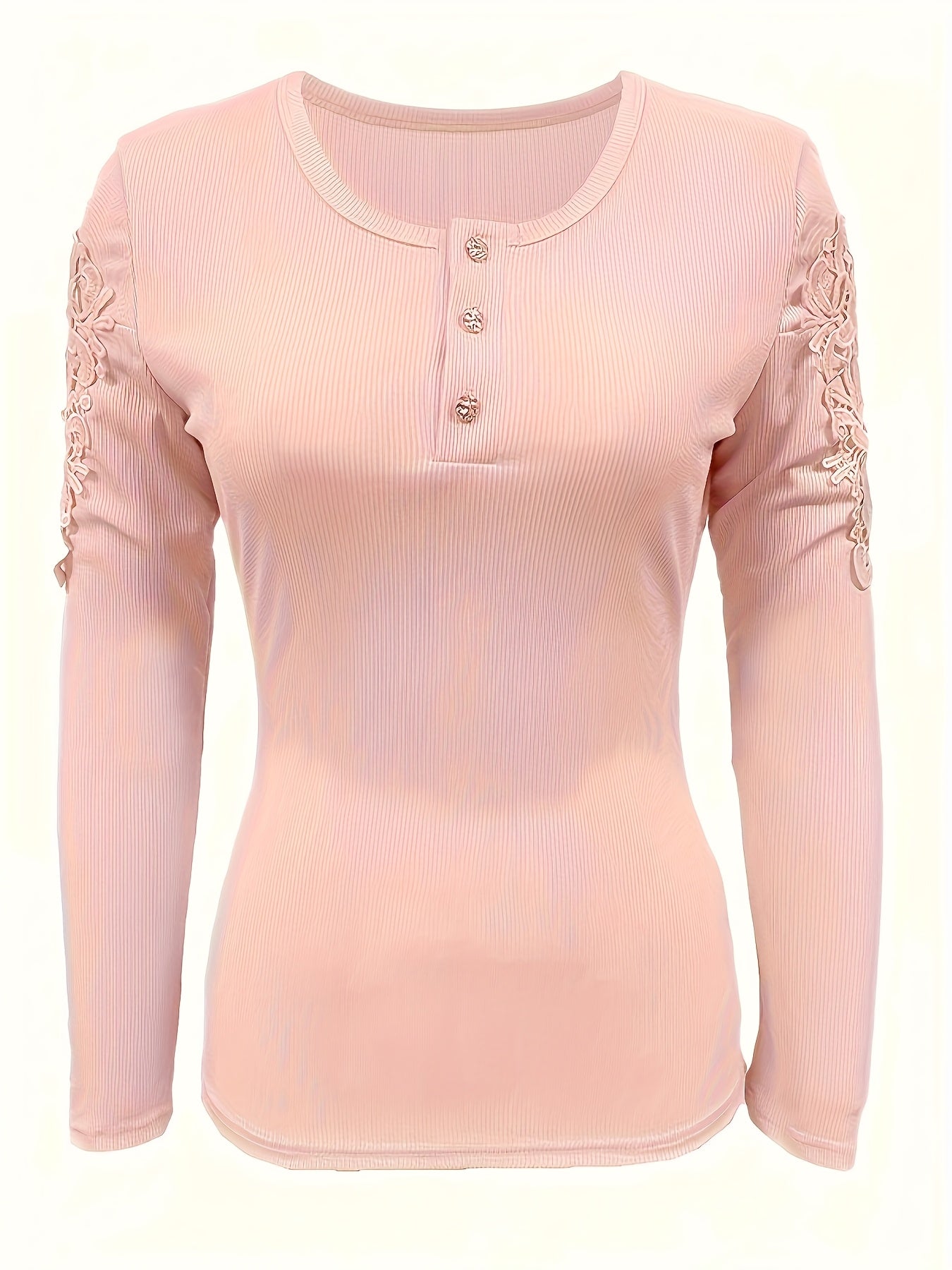 Women's Slim Fit Lace Sleeve Contrast Detail Button-Front T-Shirt - Solid Color Casual Chic Top, Machine Washable All-Season Versatile Wardrobe Staple, Versatile Fashion | Lace Detailed Tee | Quality Stitching, Lace Trim