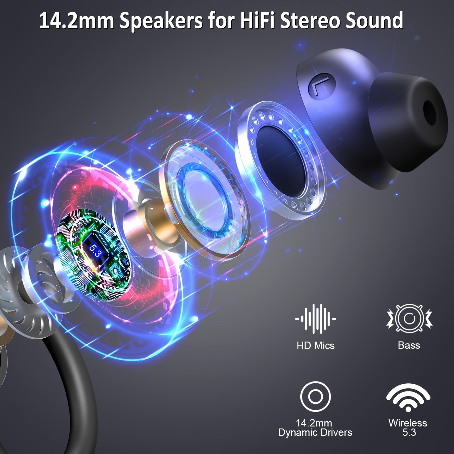 2024 Wireless 5.3 Earbuds 14.2mm Driver Stereo, 48 Hours Headphone with Ear Hanging, Wireless Earbuds with 4 Noise Canceling Microphones, Suitable for Exercise/Running/Cycling Android/IOS
