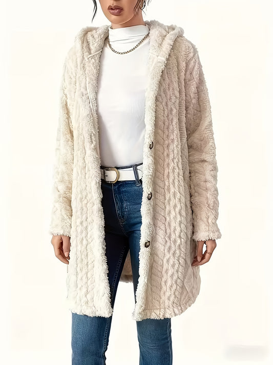 FMEC Hooded Cardigan Coat For Women Autumn Winter Jacquard Plush Button Front Long Sleeve