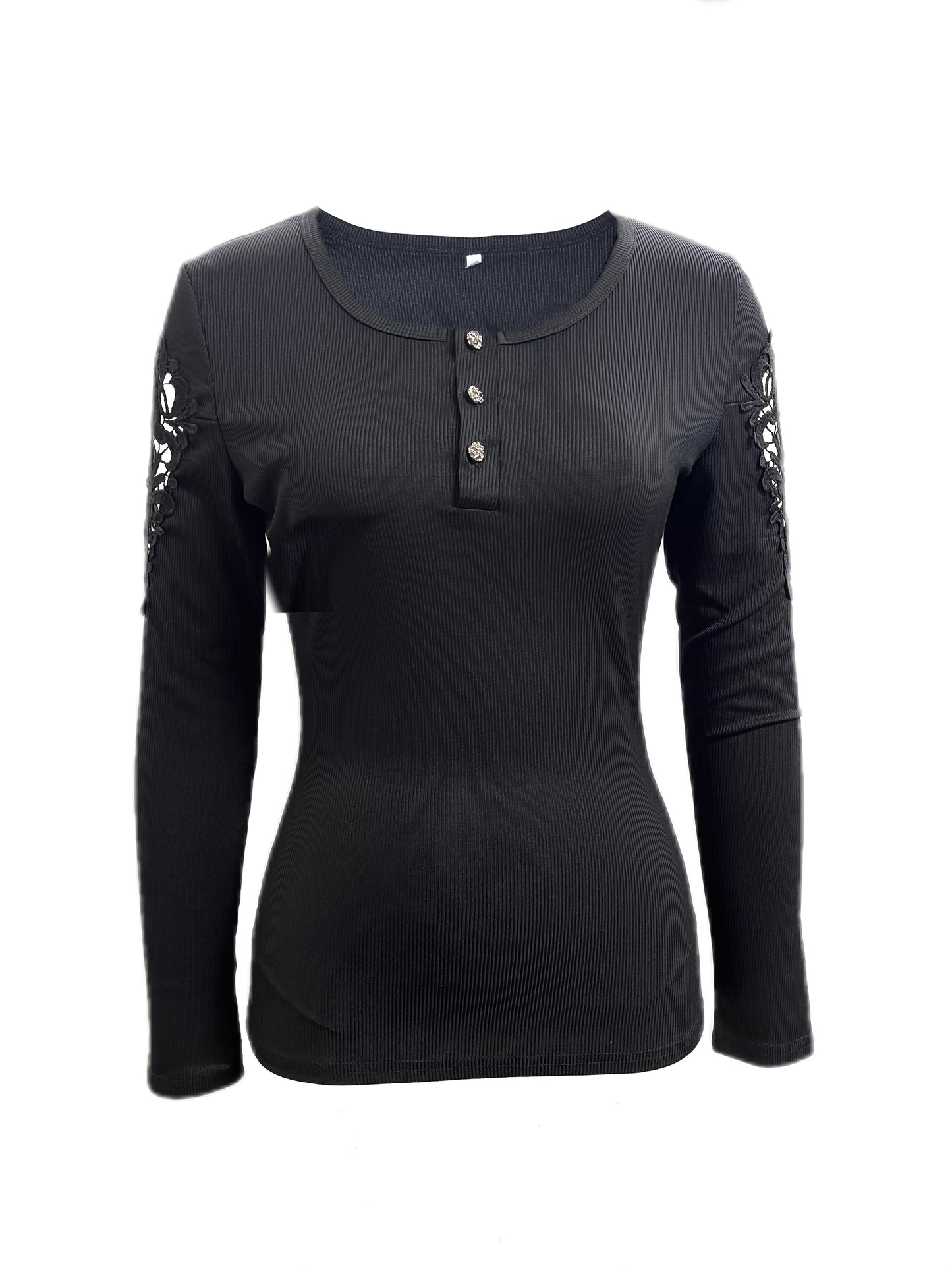 Women's Slim Fit Lace Sleeve Contrast Detail Button-Front T-Shirt - Solid Color Casual Chic Top, Machine Washable All-Season Versatile Wardrobe Staple, Versatile Fashion | Lace Detailed Tee | Quality Stitching, Lace Trim