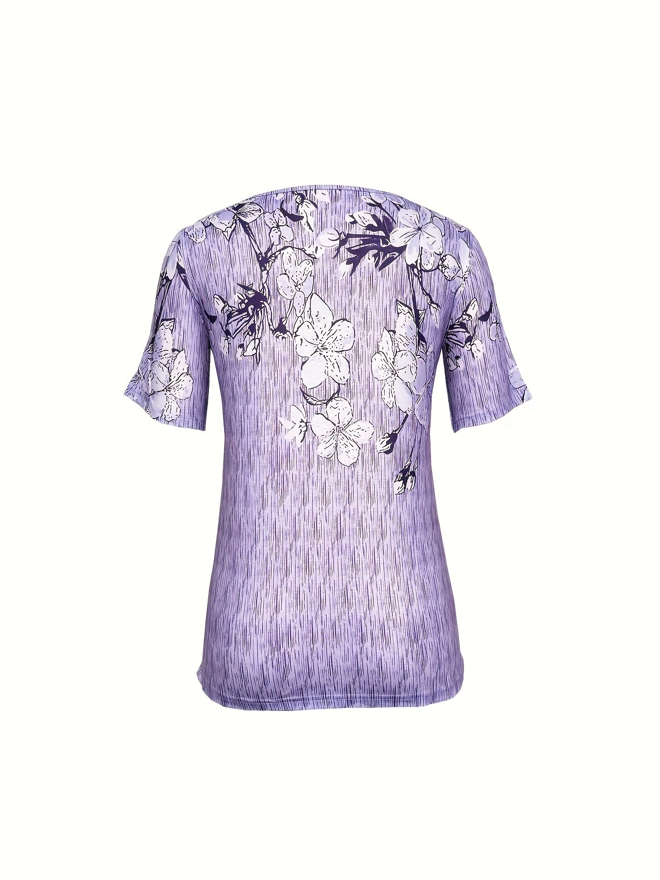 Women's Stretchy Polyester Button-Front V-Neck Blouse - Floral Print Short Sleeve Casual Shirt, Machine Washable Summer Top for Layering & All-Season Wear, Versatile Shirt, Relaxed Fit, Lightweight Fabric, Trendy Style