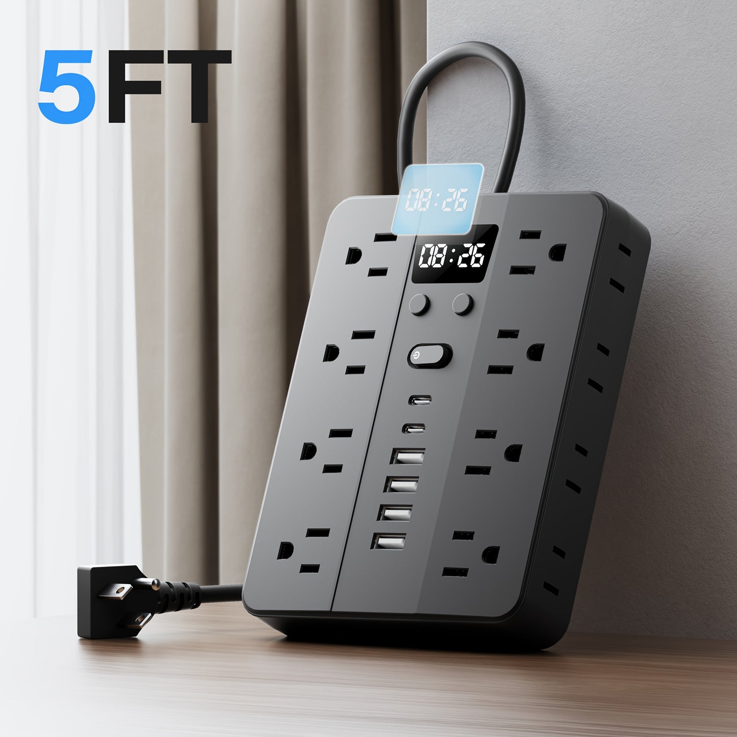 CHIEFWAY 23in1 Clock Power Strip With Surge Protection 16 AC Outlets USB A USB C Wall Mount