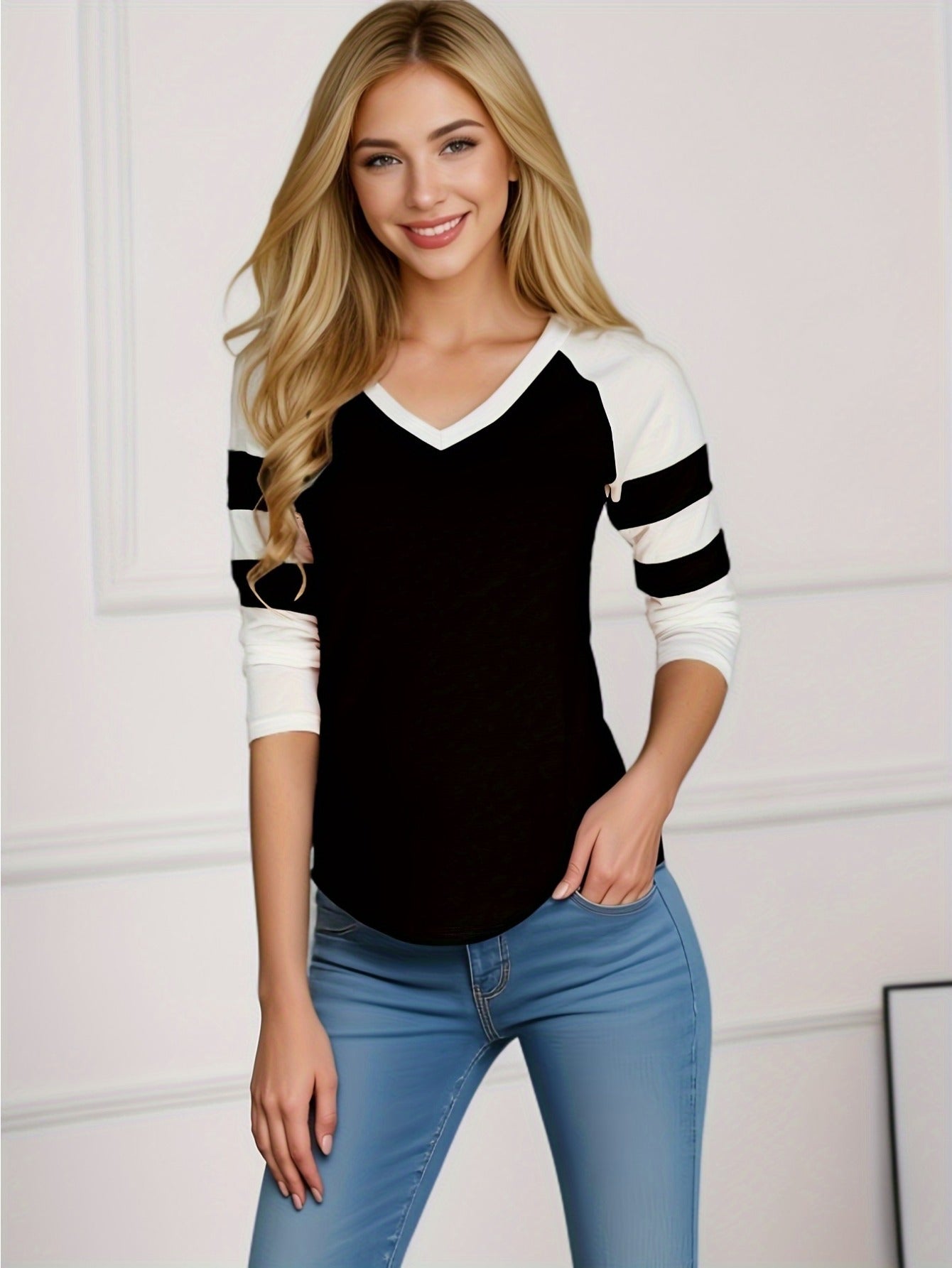Women's Slim Fit Summer V-Neck Long Sleeve T-Shirt - Contrast Color Block Blouse (/Dark) | Casual Top | Machine Washable All-Season Versatile Wardrobe Staple)