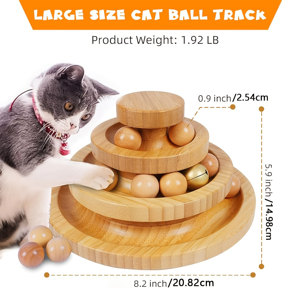 Three Layer Bamboo Wood Interactive Cat Ball Track With Nine Detachable Balls And Teasing Stick DIY Circle Toys