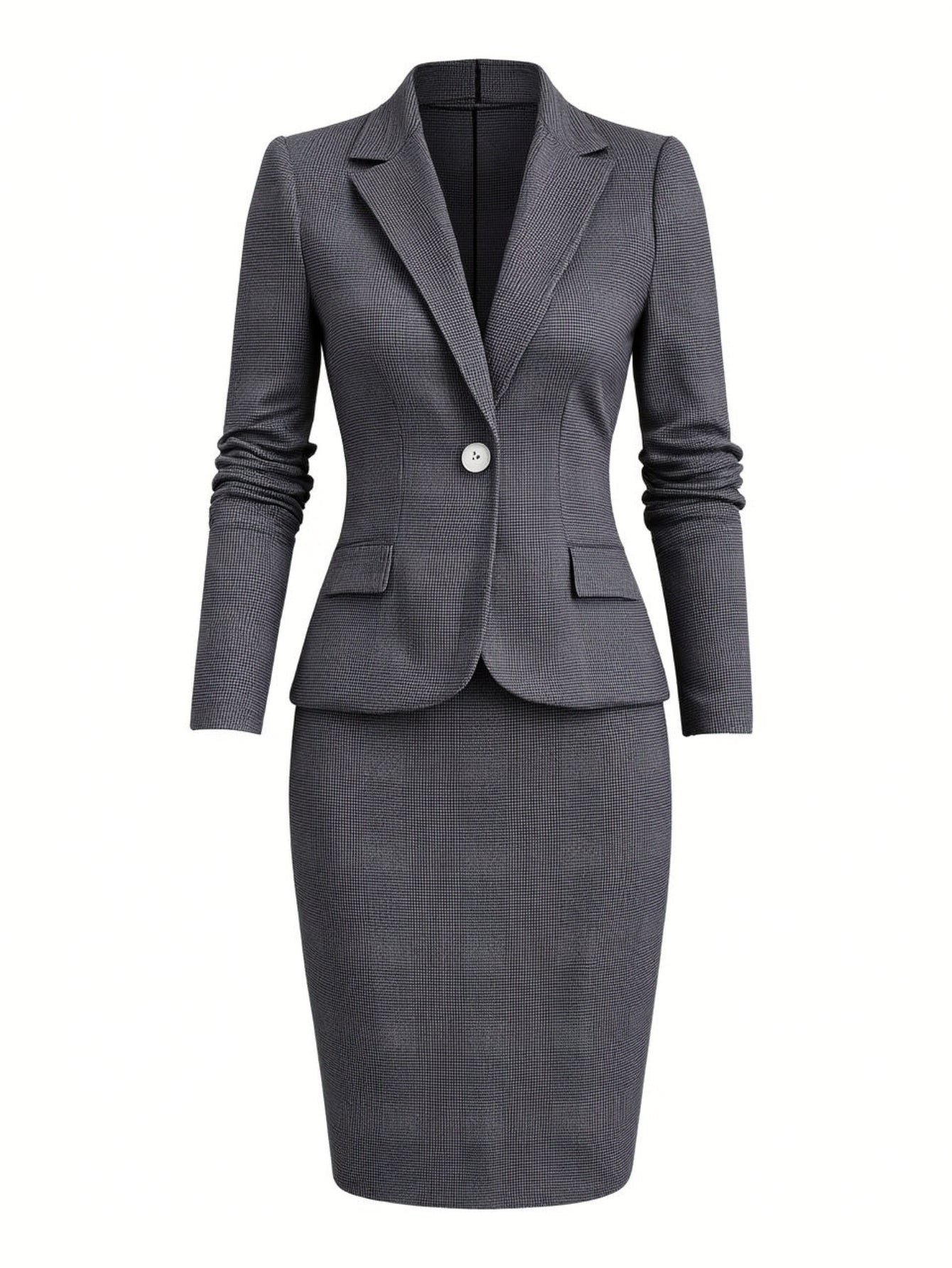 2pcs Set: Gray Houndstooth Collared Single-Breasted Short Blazer + Waist-Defining Pencil Midi Skirt Women'S Suit | Stylish, sharp retro design, perfect for the workplace and formal occasions, Professional Outfit, Business Att