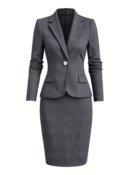 2pcs Set: Gray Houndstooth Collared Single-Breasted Short Blazer + Waist-Defining Pencil Midi Skirt Women'S Suit | Stylish, sharp retro design, perfect for the workplace and formal occasions, Professional Outfit, Business Att