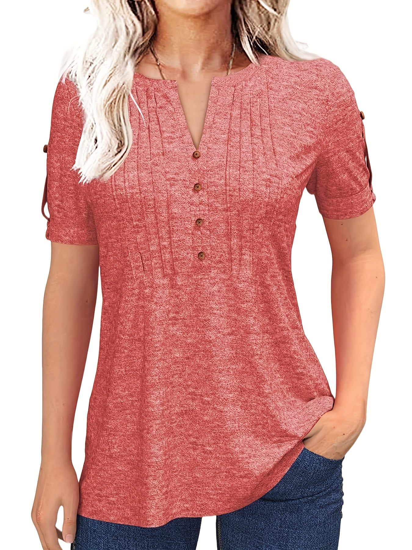 Women'S Zipper Summer Pleated Button Short Sleeve T-Shirt Summer V-Neck Solid Color Casual Top