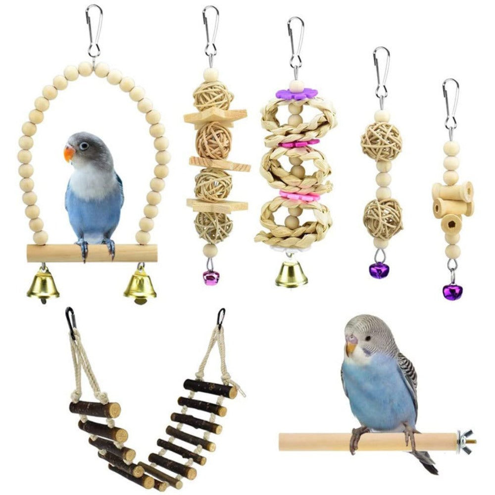 8pcs Wood Bird Toys with Swing, Bell & Chewable Parts - Interactive Bird Cage Suitable for Small Parrots and Birds - Promotes Exercise, Mental Stimulation & Beak